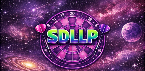 SDLLP Suomen Dartsliiton Länsi-Suomen piirin etusivun kuva, jossa violetti darts-taulu ja lyhenne SDLLP